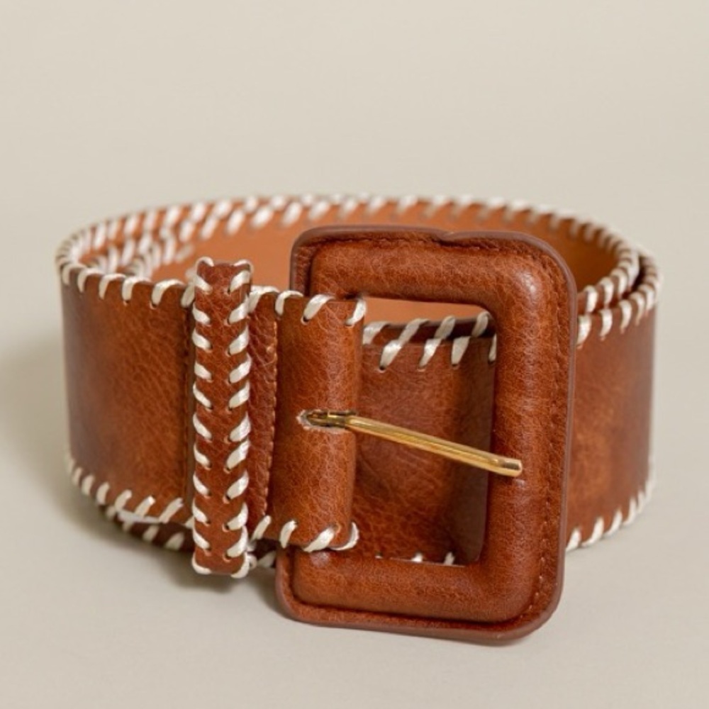 NWT Wide Brown Leather Belt with Contrast Stitching
